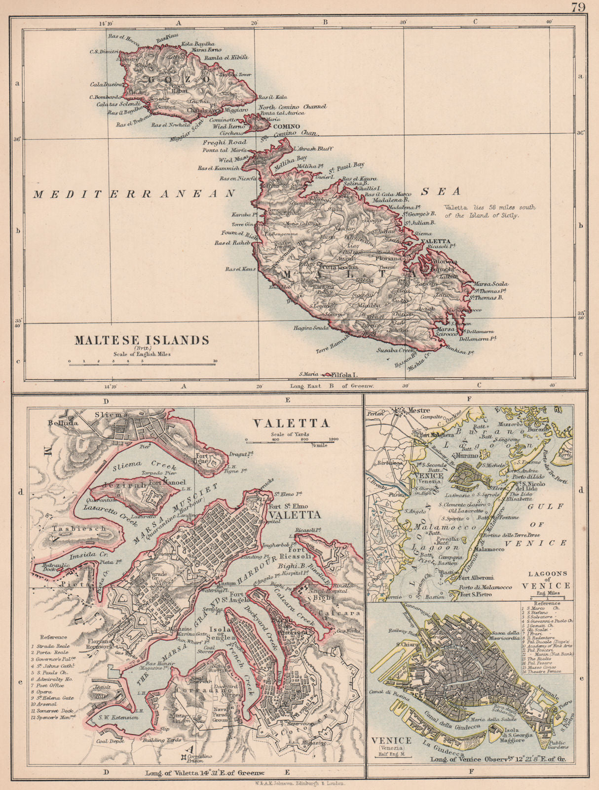 MALTESE ISLANDS & VENICE.Valetta & Venezia town plans.Lagoons.JOHNSTON 1906 map